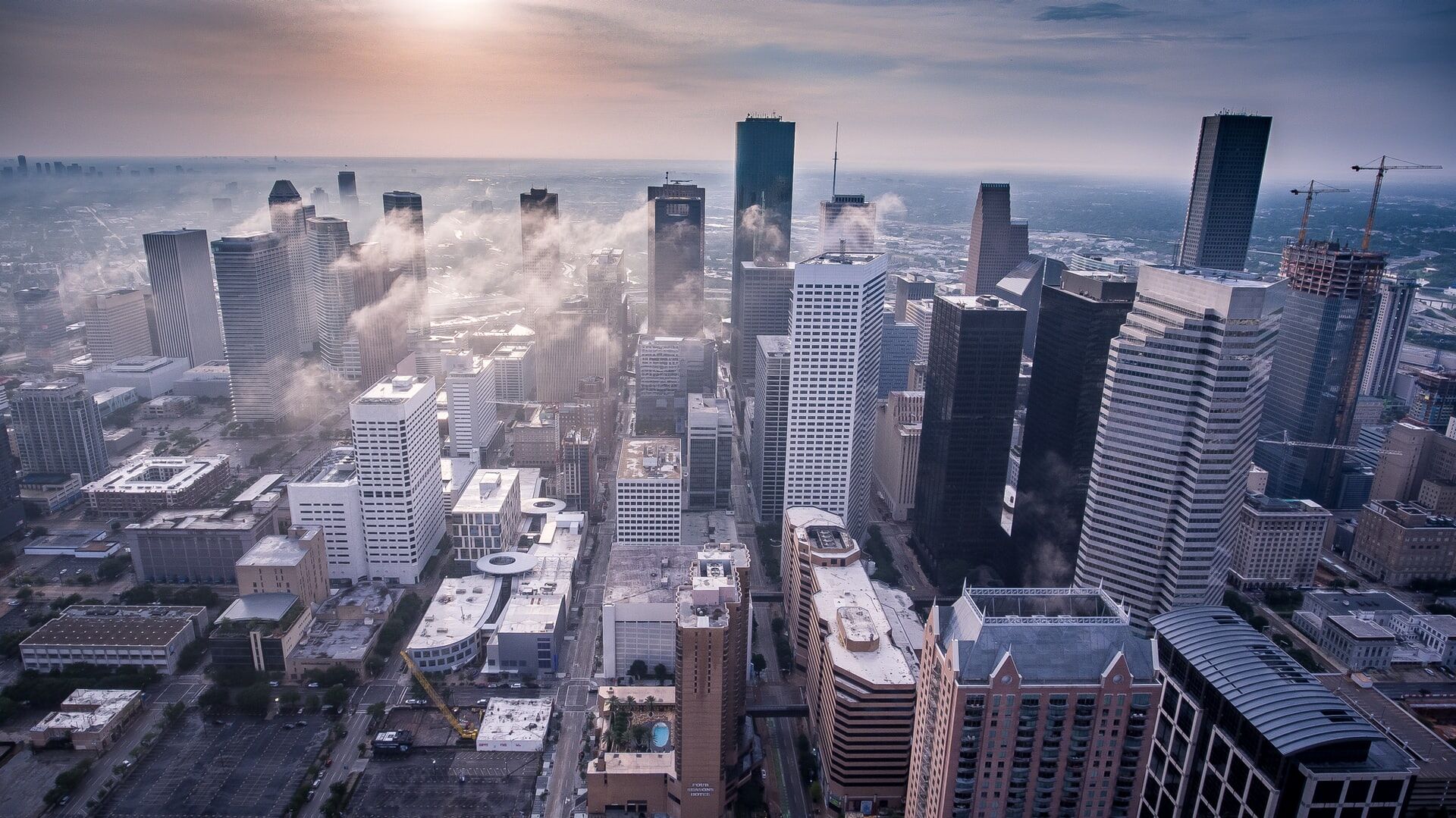 drone skyline view of houston texas