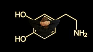 woman standing on diagram of dopamine alcohol and hormones