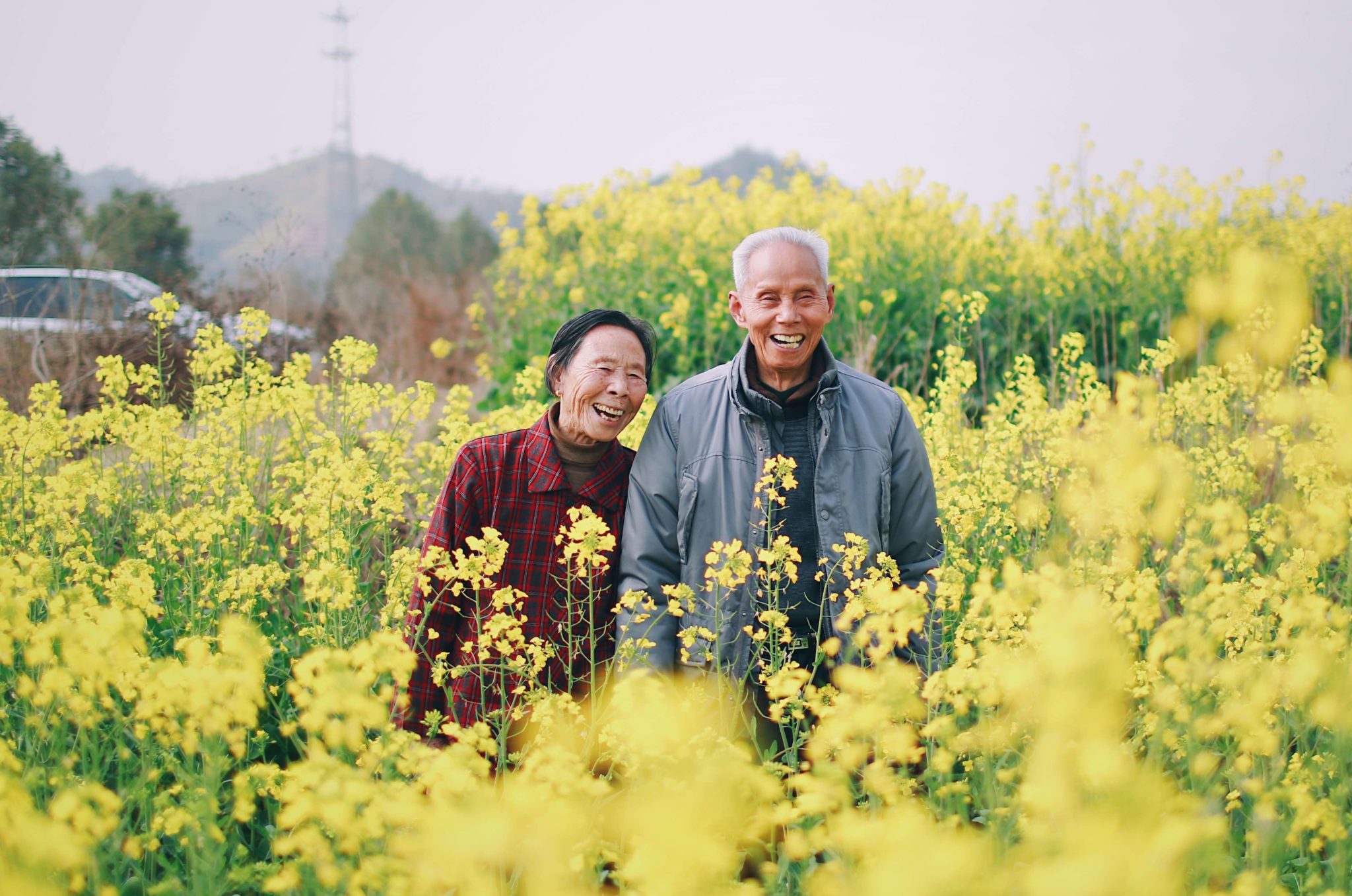 older couple standing in a field of flowers