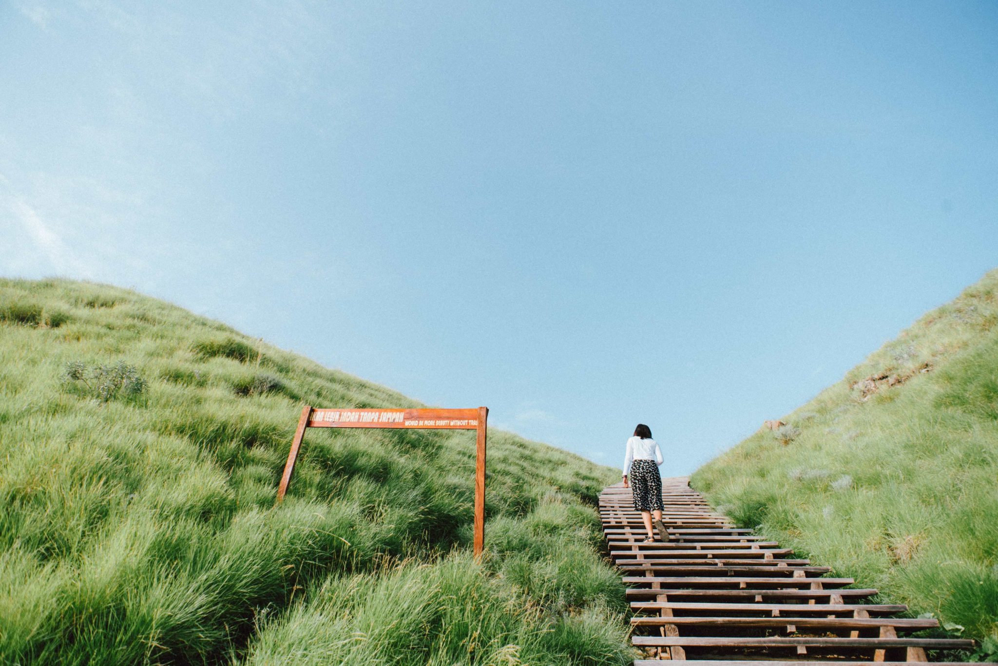 woman climbing a long staircase on a grassy hill