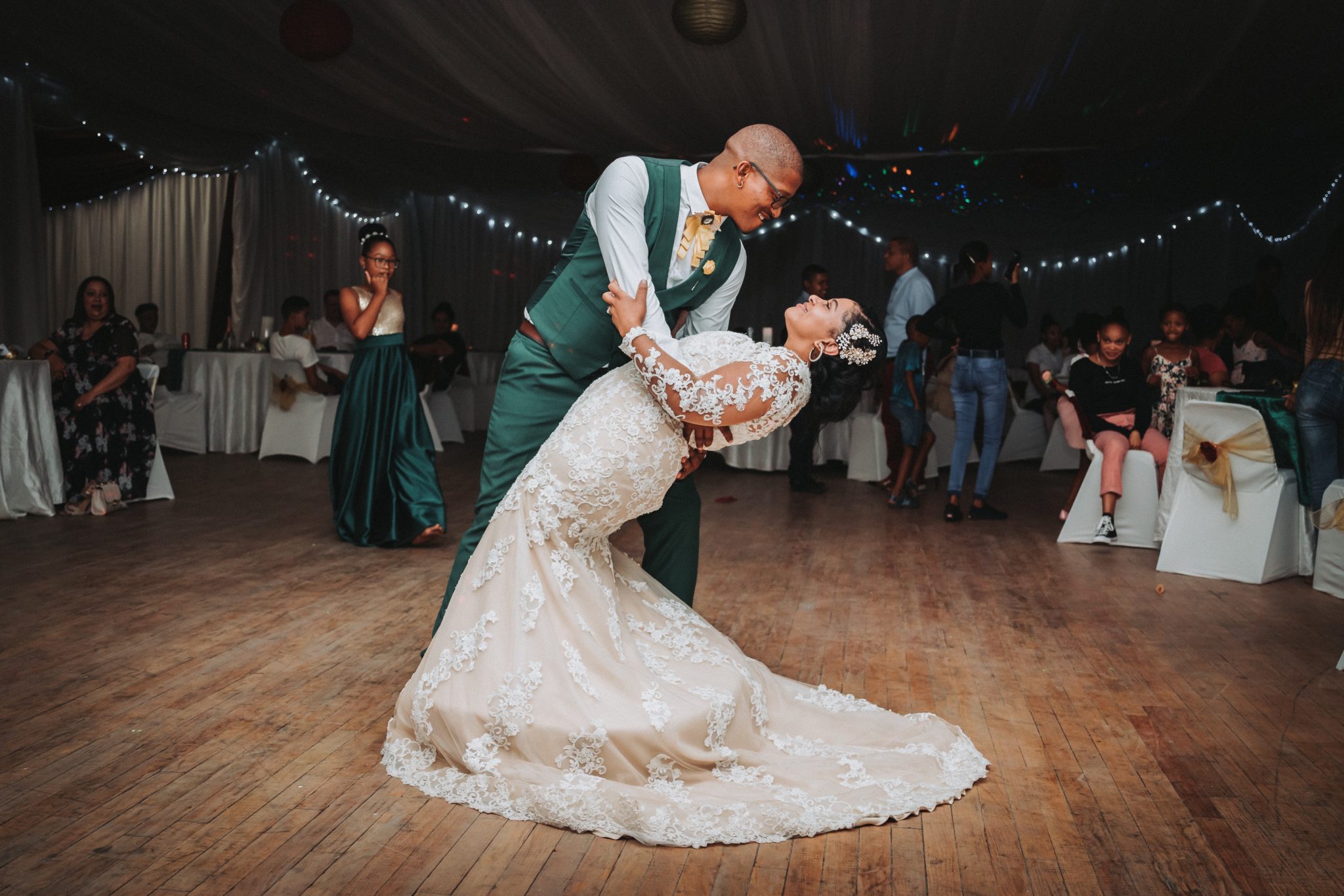 bride and groom dancing at wedding reception