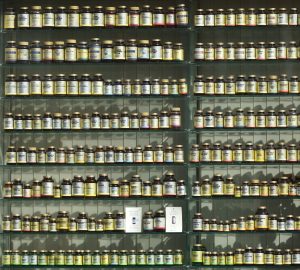 line of supplement bottles along the wall