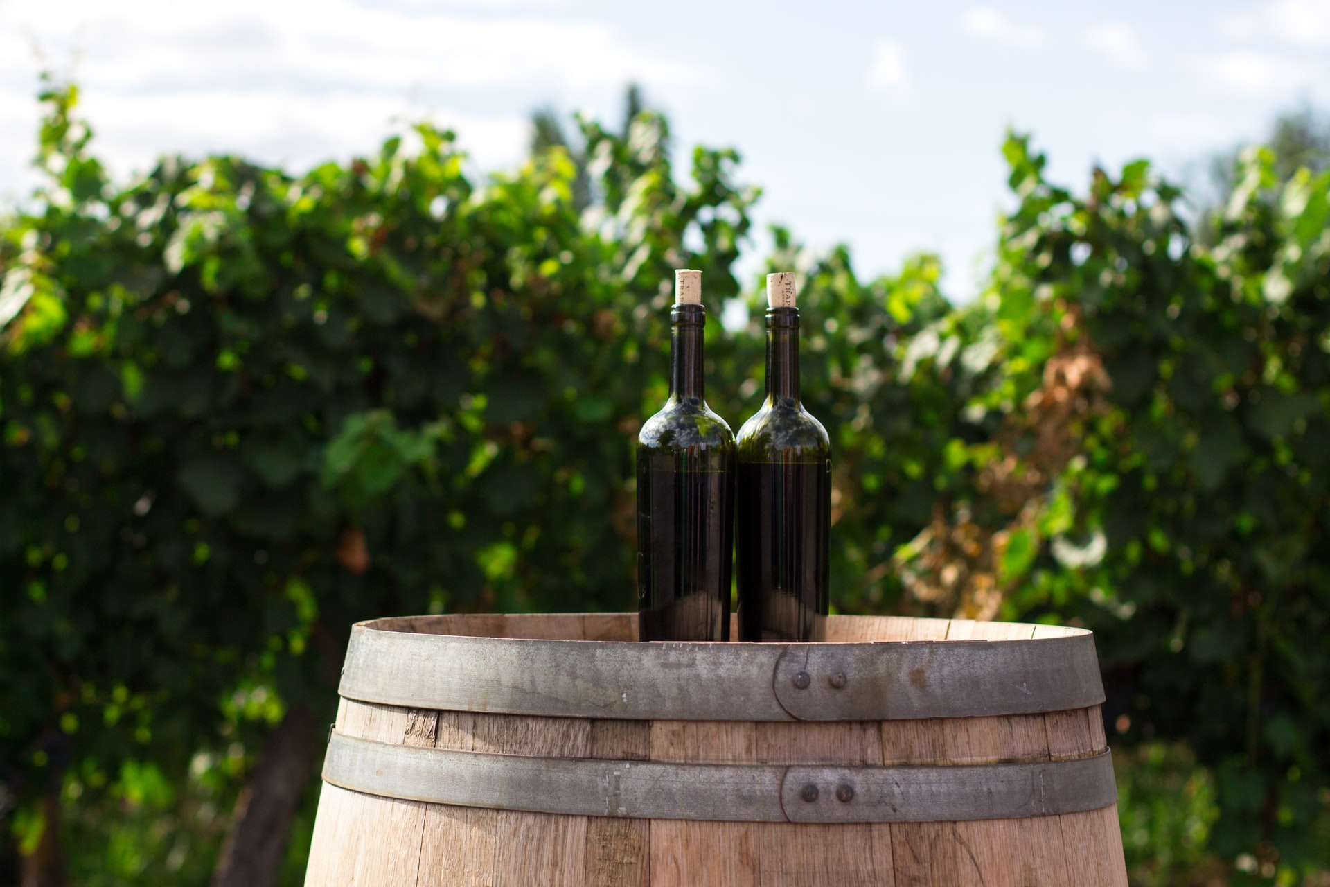 two wine bottles on top of barrel