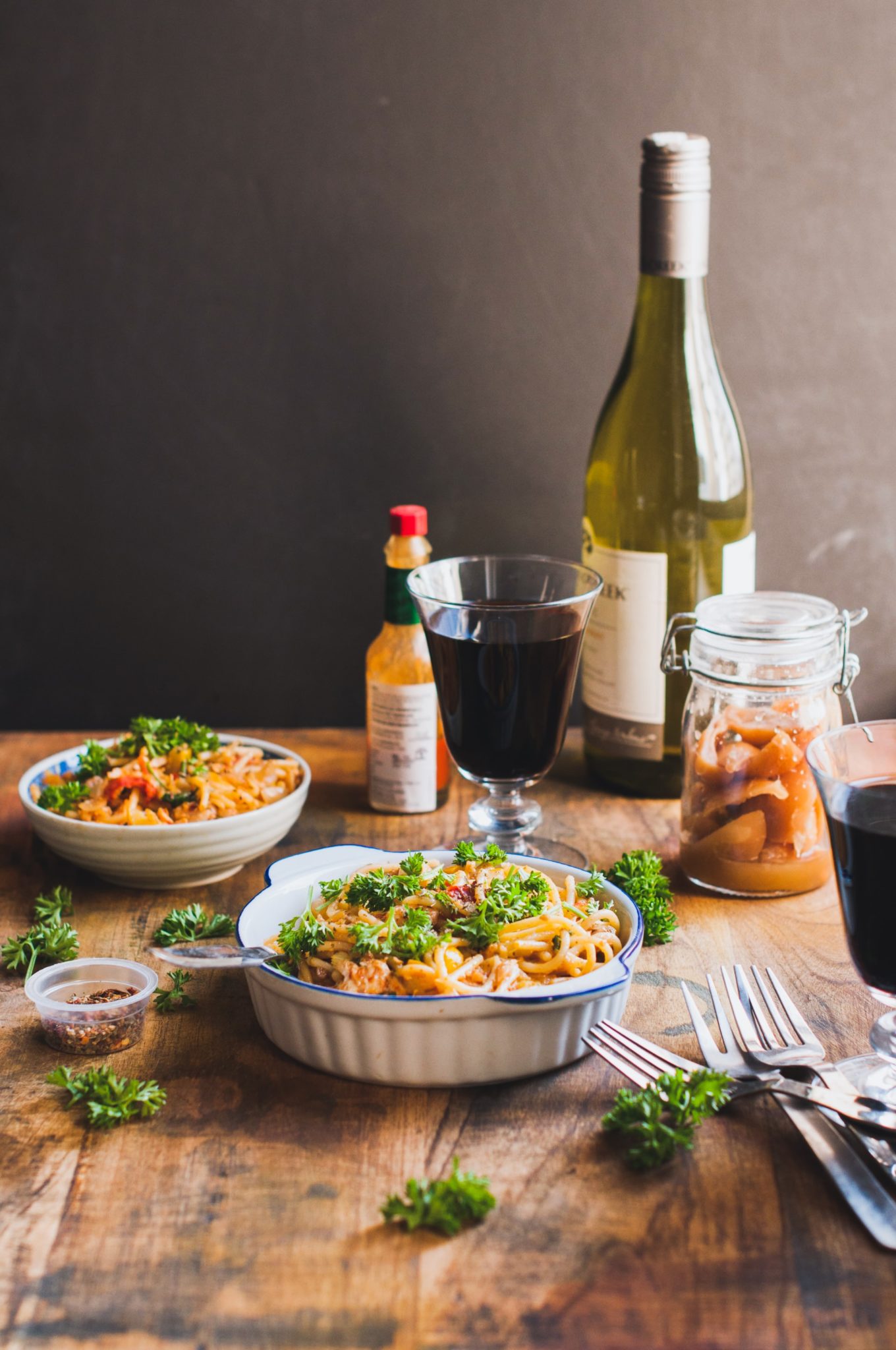 wine bottle and food on table