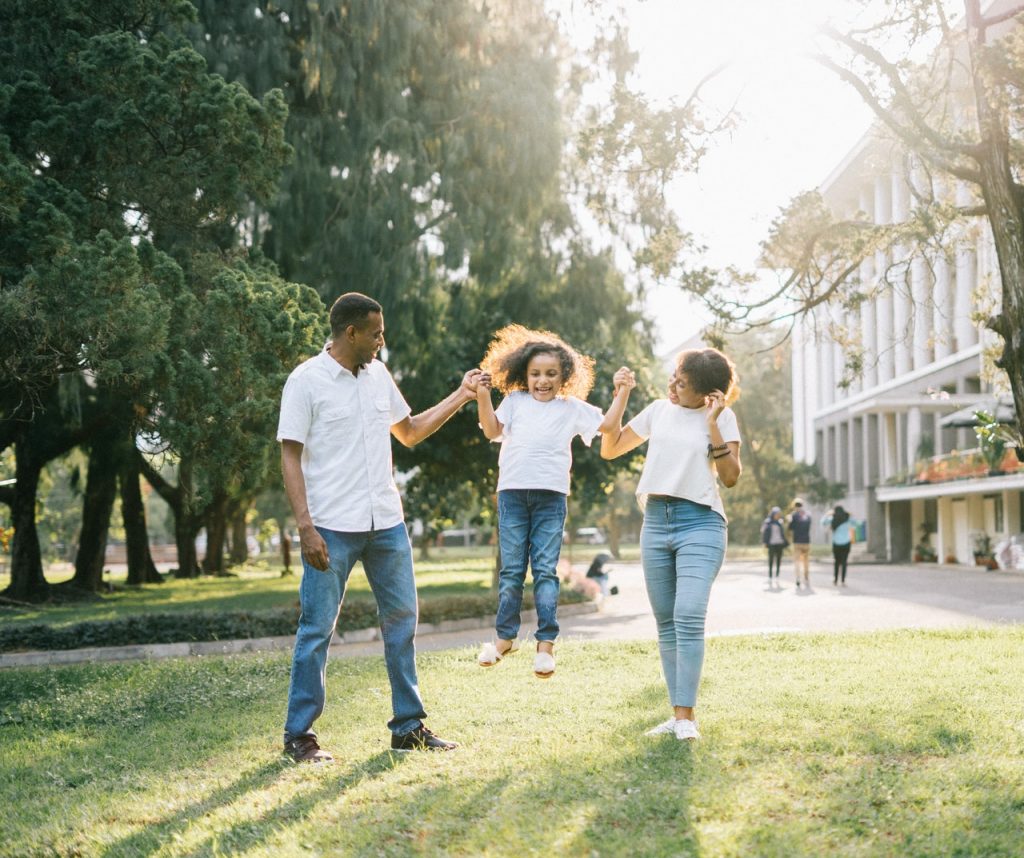 family playing on green lawn