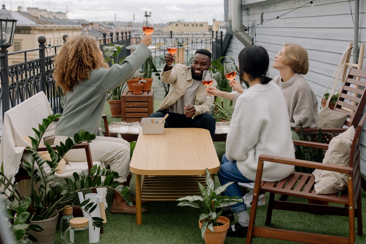 friends raising wine glasses at outdoor dinner party